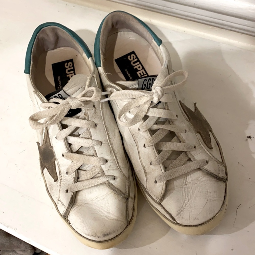 Golden Goose White Sneakers with Teal Heel and Taupe Star